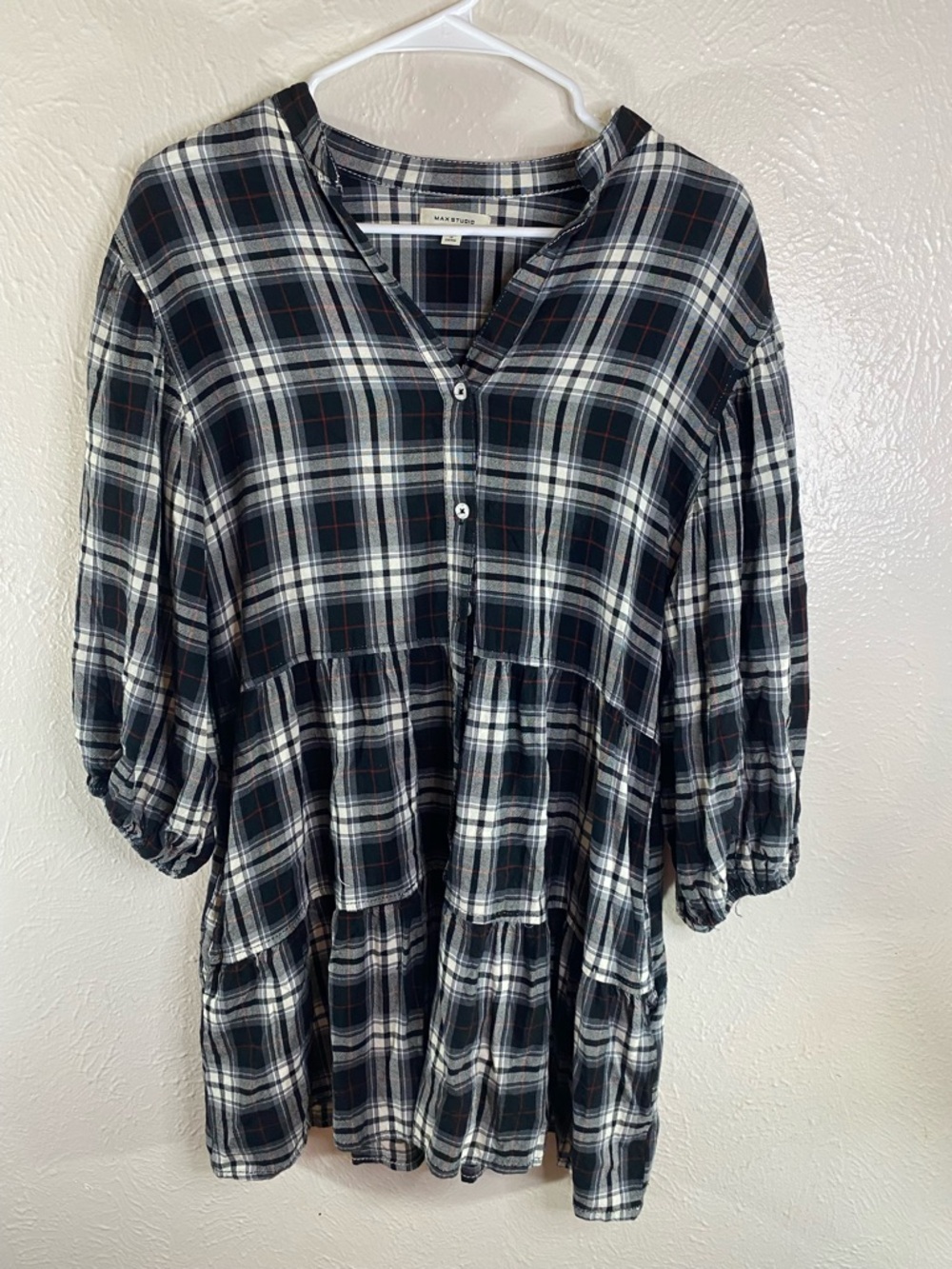 Max Studio Black White Plaid Top with Red Accents